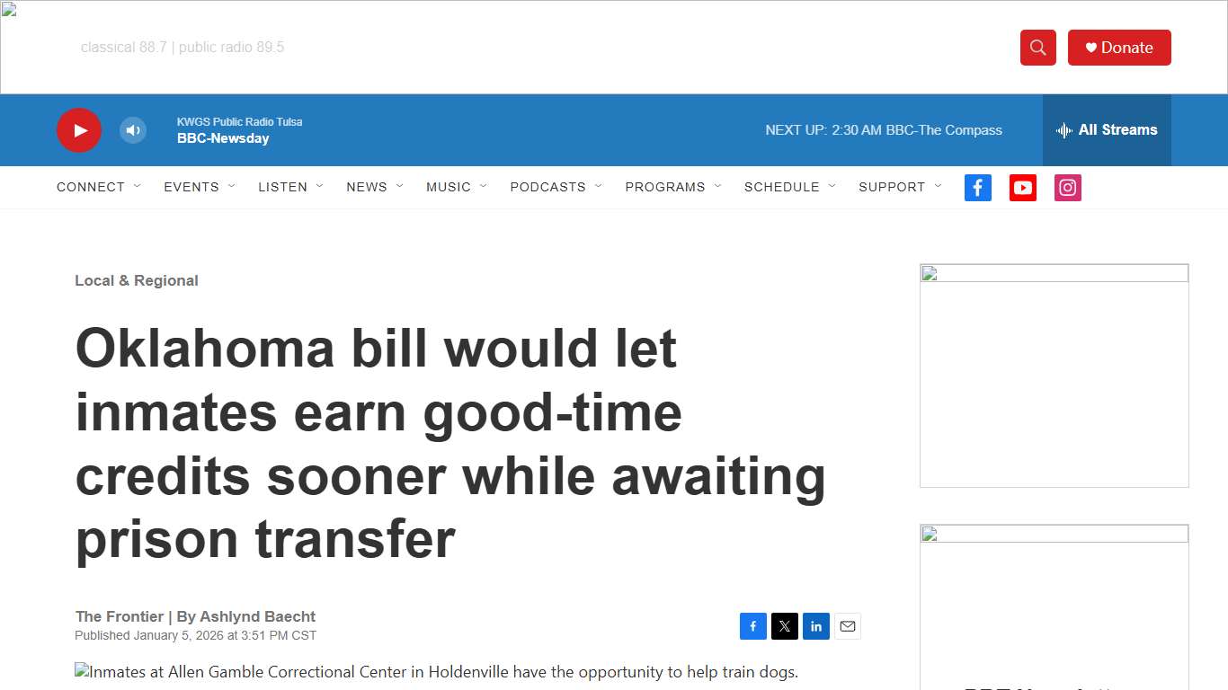 Oklahoma bill would let inmates earn good-time credits sooner while awaiting prison transfer