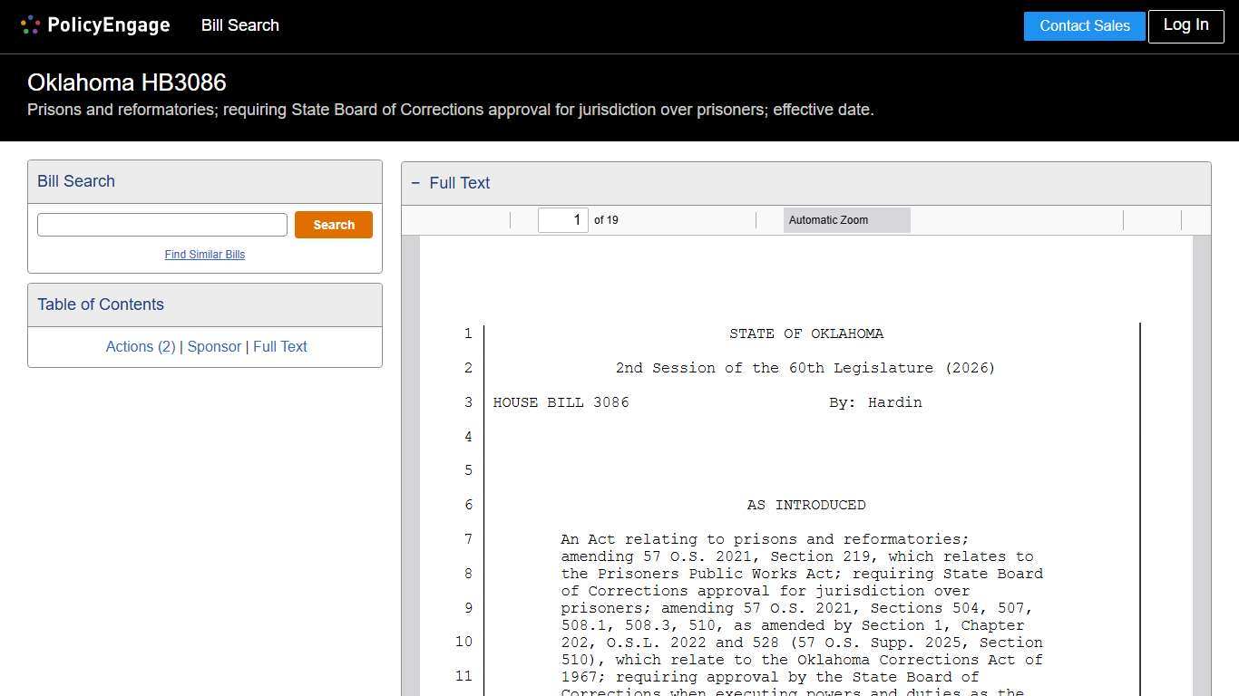 HB3086 Oklahoma 2026 Prisons and reformatories; requiring State Board of Corrections approval for jurisdiction over prisoners; effective date. - Legislative Tracking PolicyEngage
